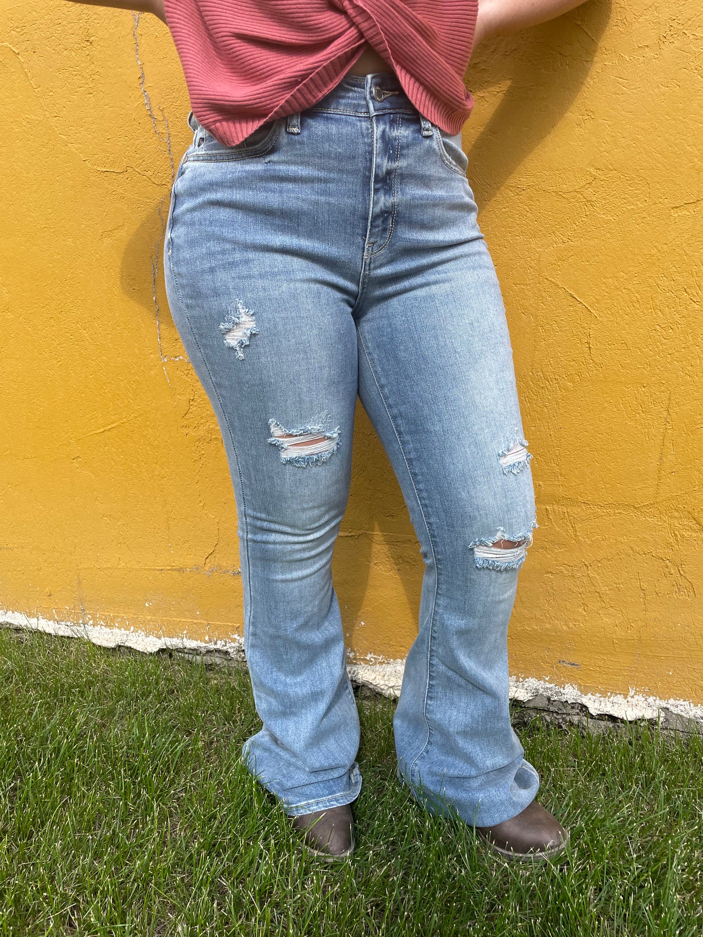 WOMENS HIGH WAIST FLARE DISTRESSED JEANS