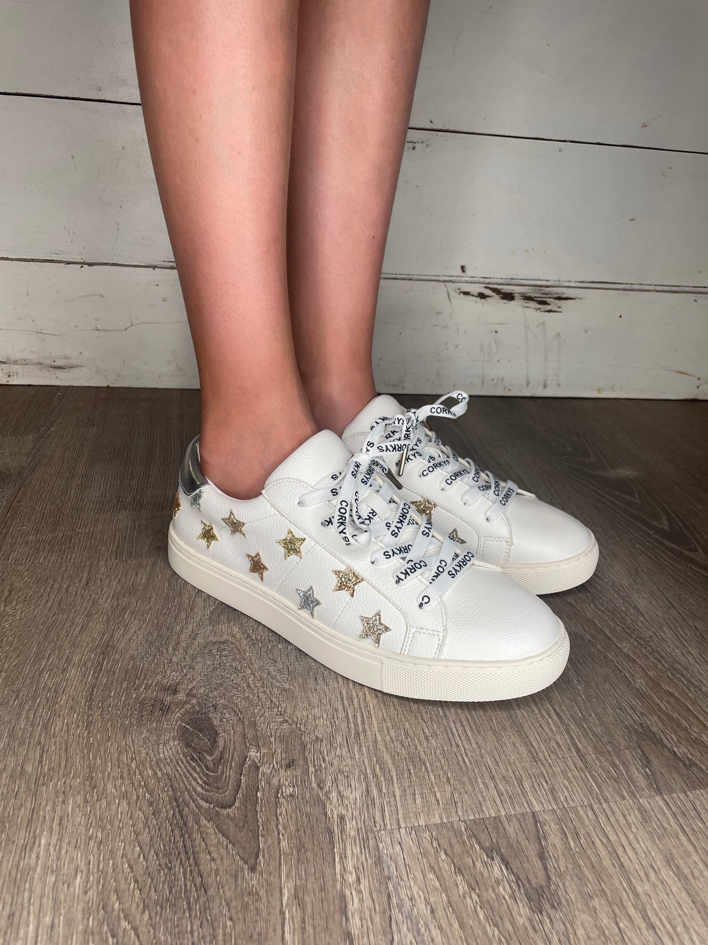 WOMENS WHITE MIXED METALLIC STAR FOOTWEAR