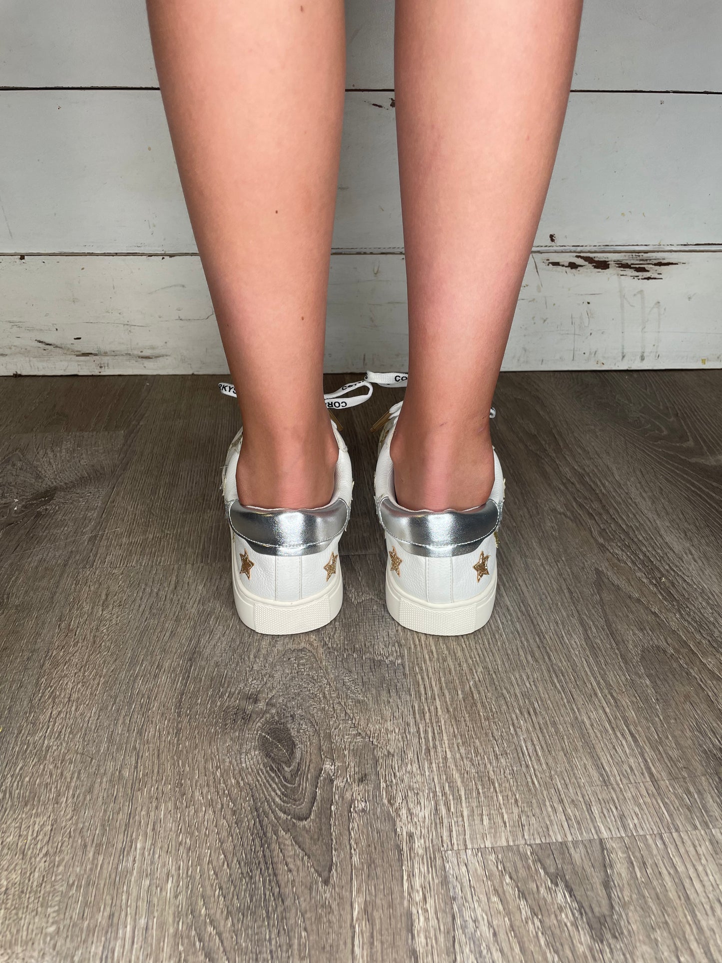 WOMENS WHITE MIXED METALLIC STAR FOOTWEAR