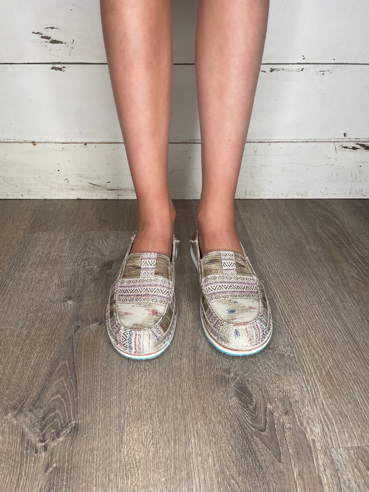 WOMENS BEIGE CANVAS PRINT SLIP ON