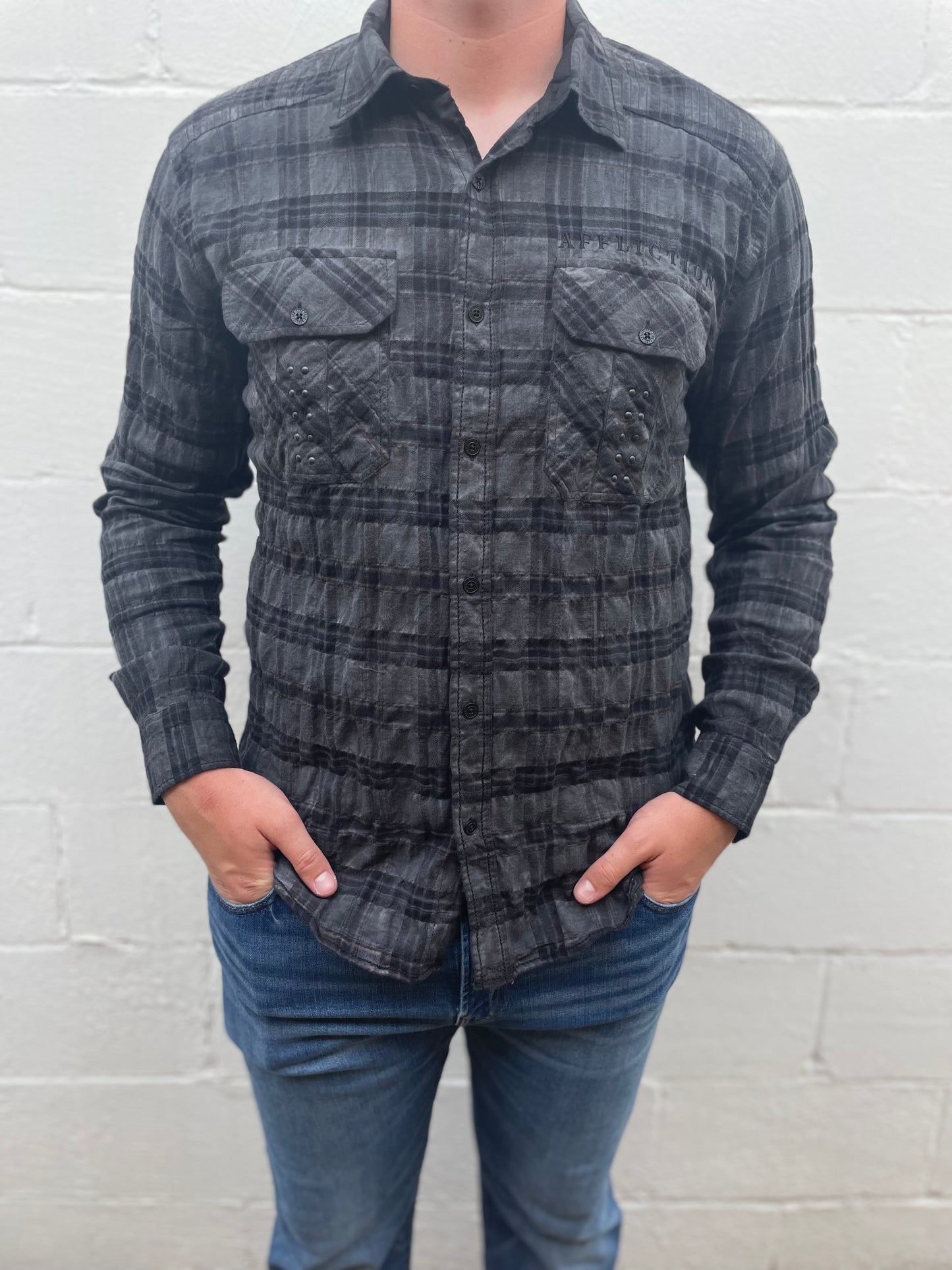 MEN'S BLACK PLAID COLLAR LONG SLEEVE SHIRT