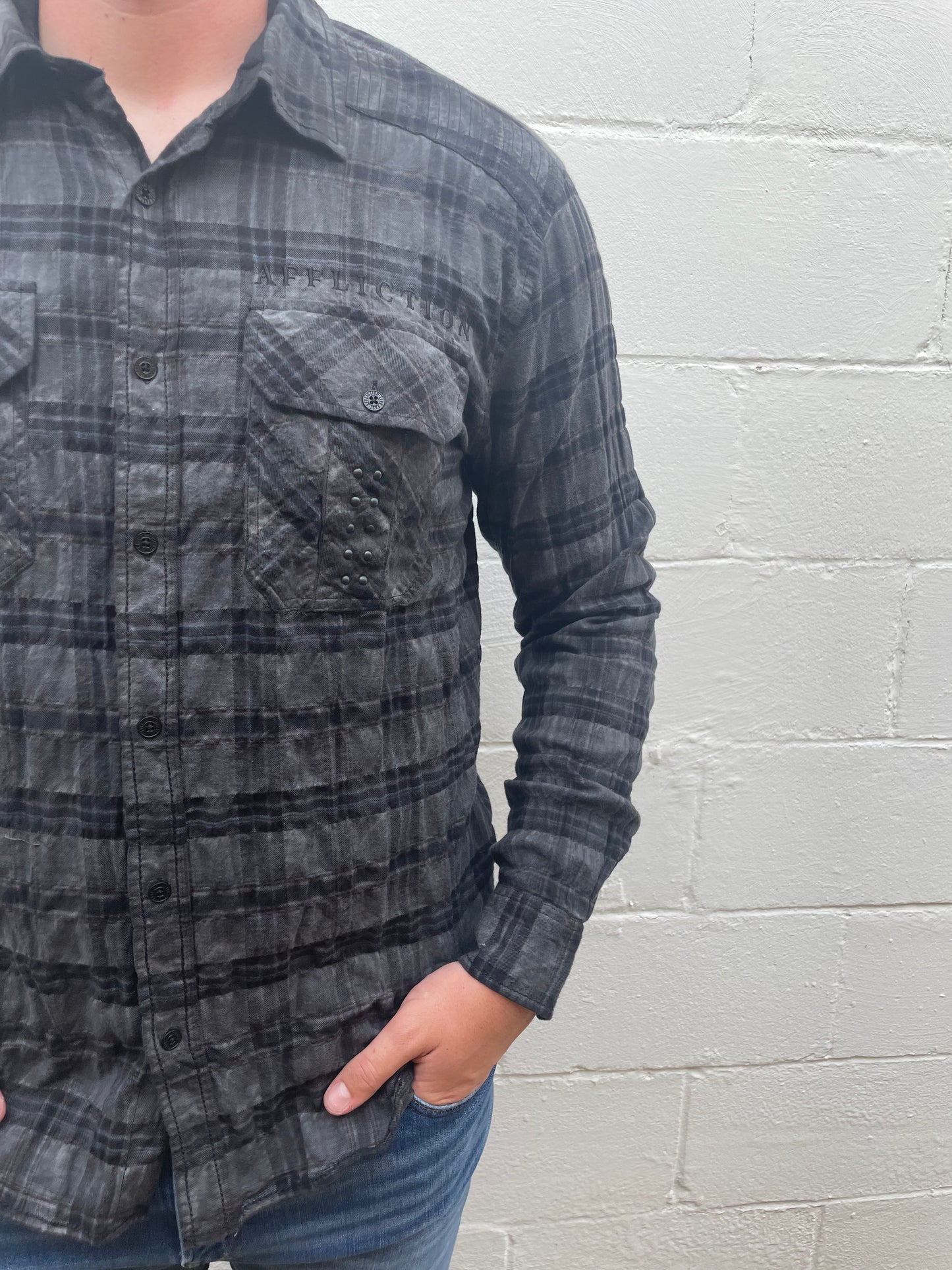 MEN'S BLACK PLAID COLLAR LONG SLEEVE SHIRT