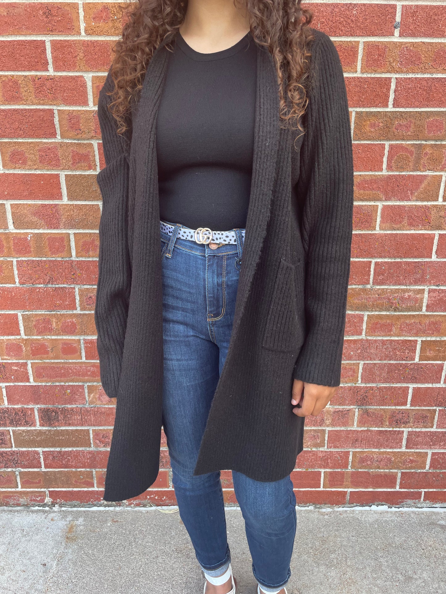WOMENS LONG OPEN FRONT BLACK SWEATER