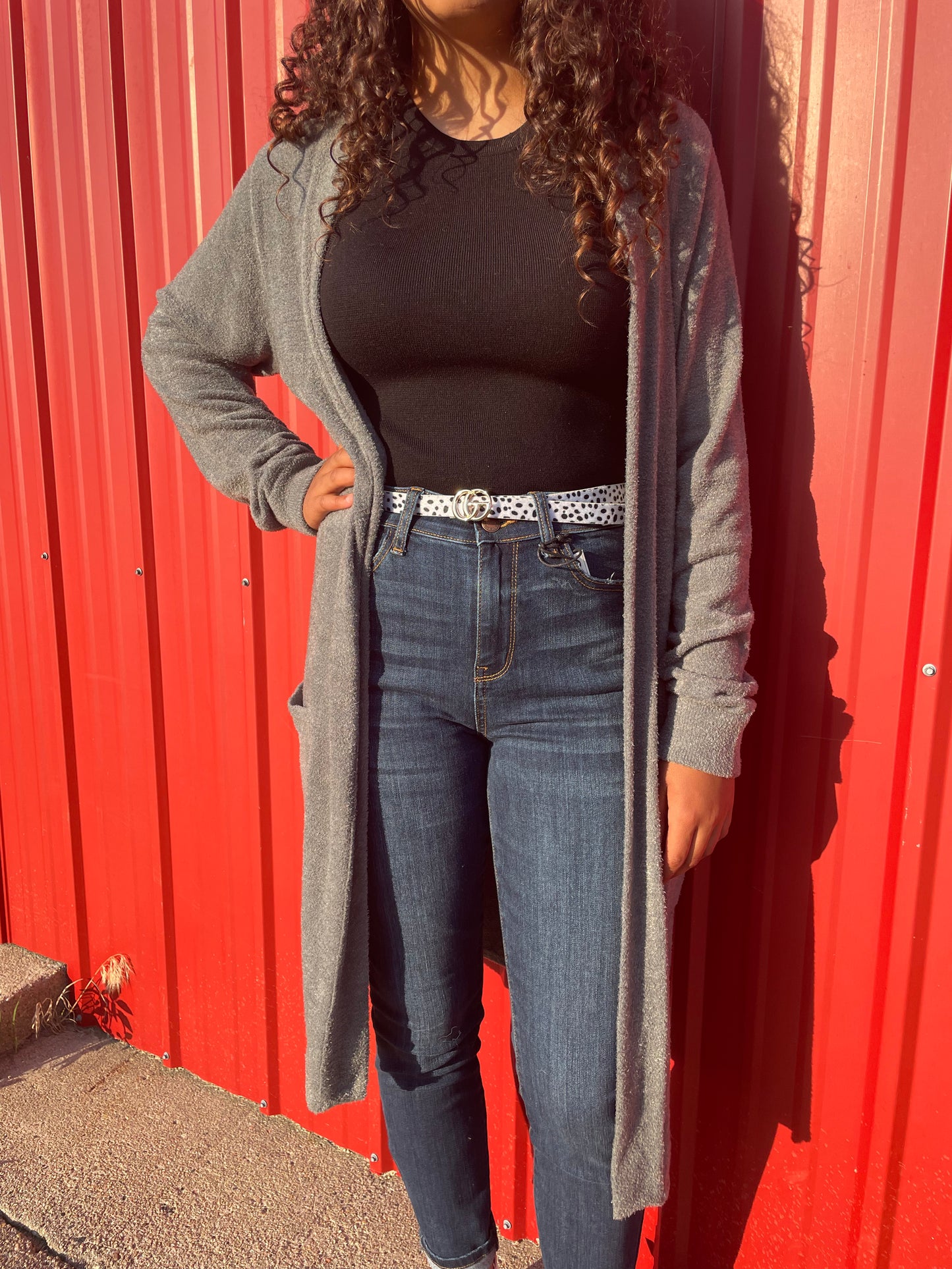 WOMENS LONG OPEN FRONT CHARCOAL GRAY SWEATER