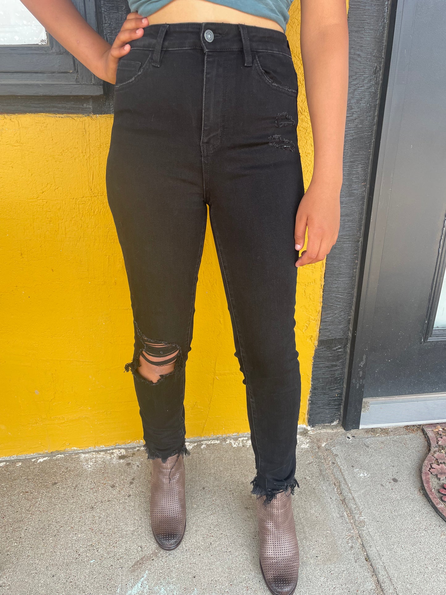 WOMENS BLACK SUPER HIGH RISE SKINNY FIT DISTRESSED JEANS