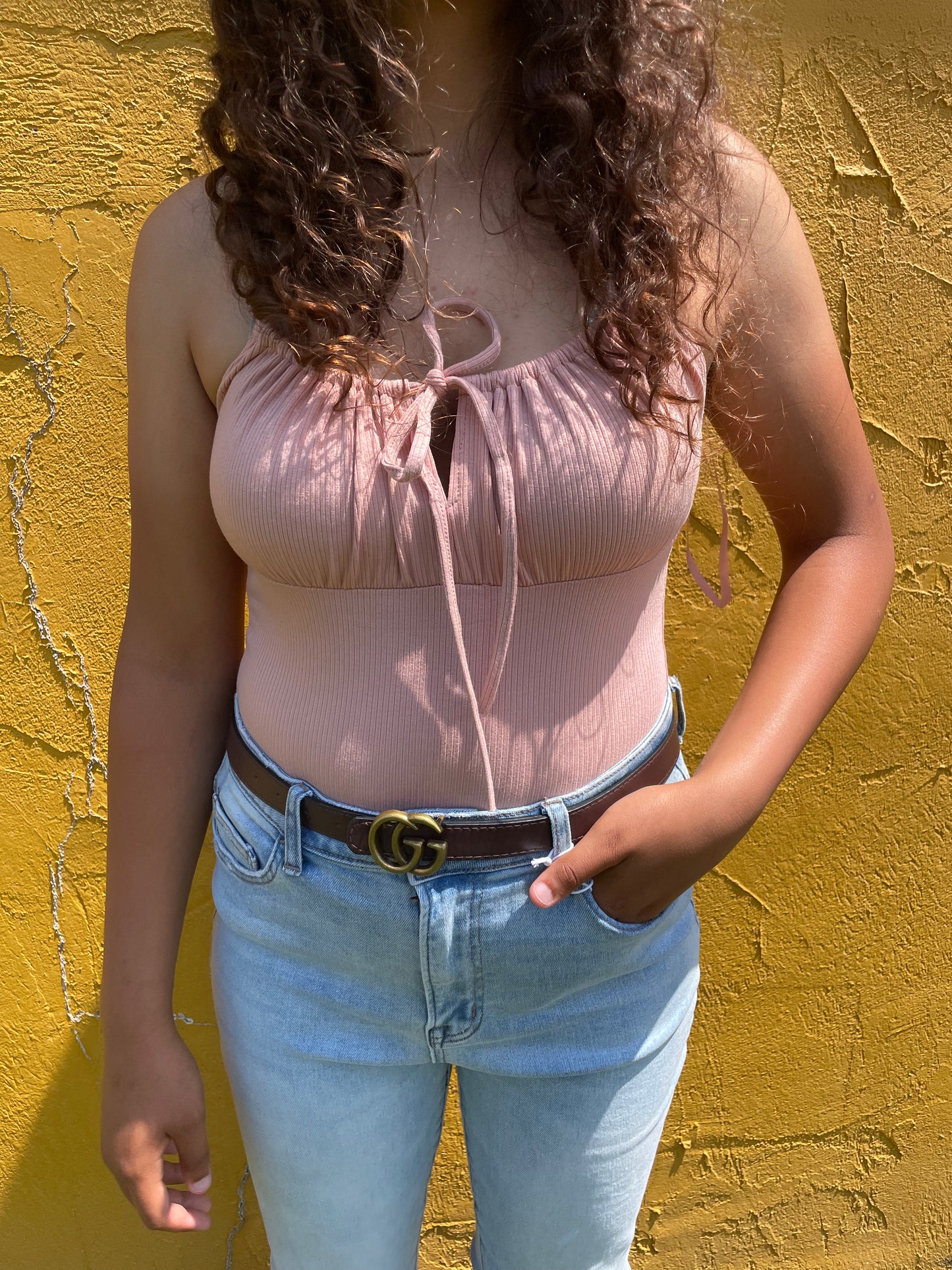 WOMEN'S SALMON PINK RUCHED BUST BODYSUIT