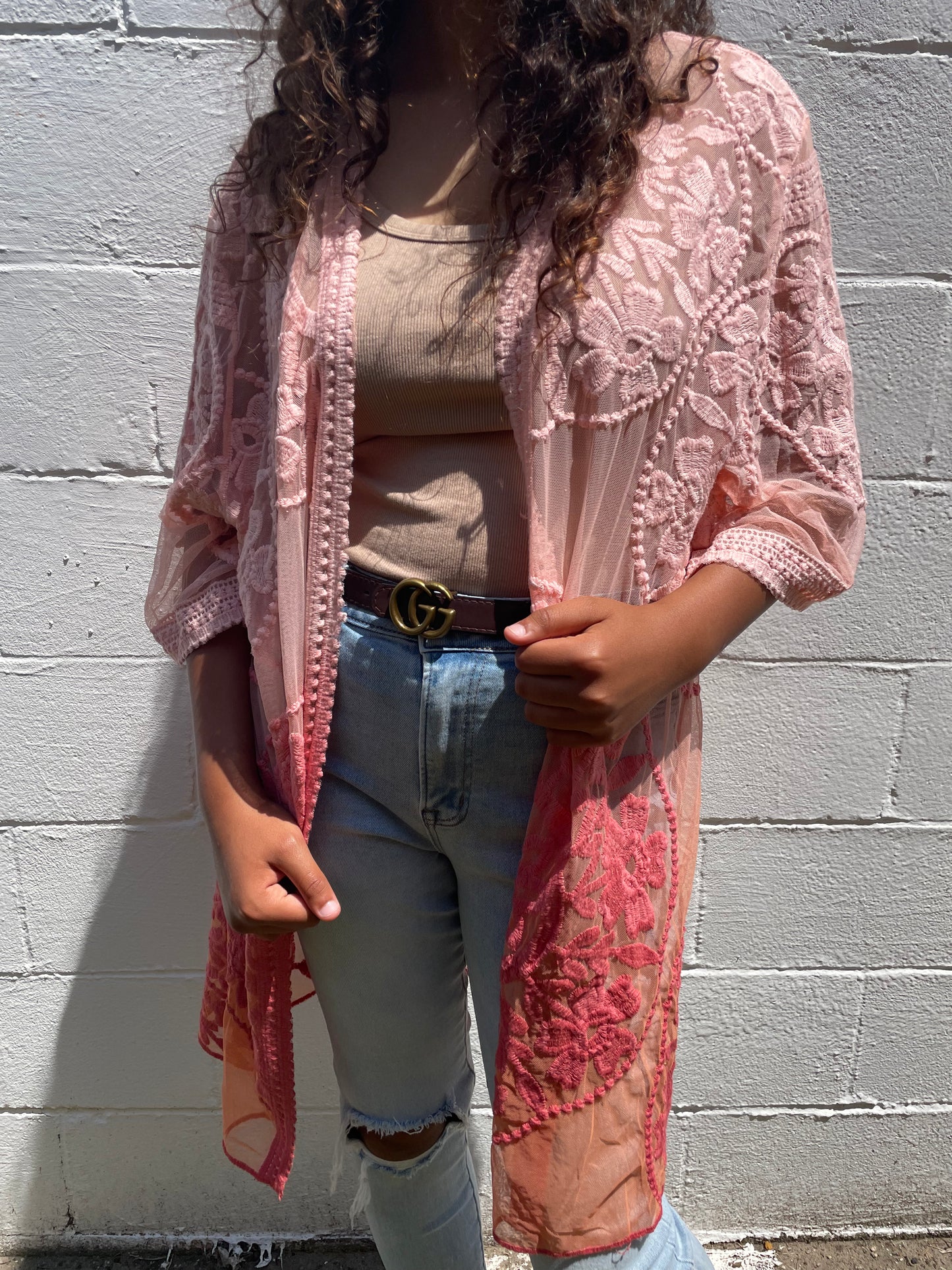 WOMENS CORAL GRADIENT LACY SHORT SLEEVE COVER UP