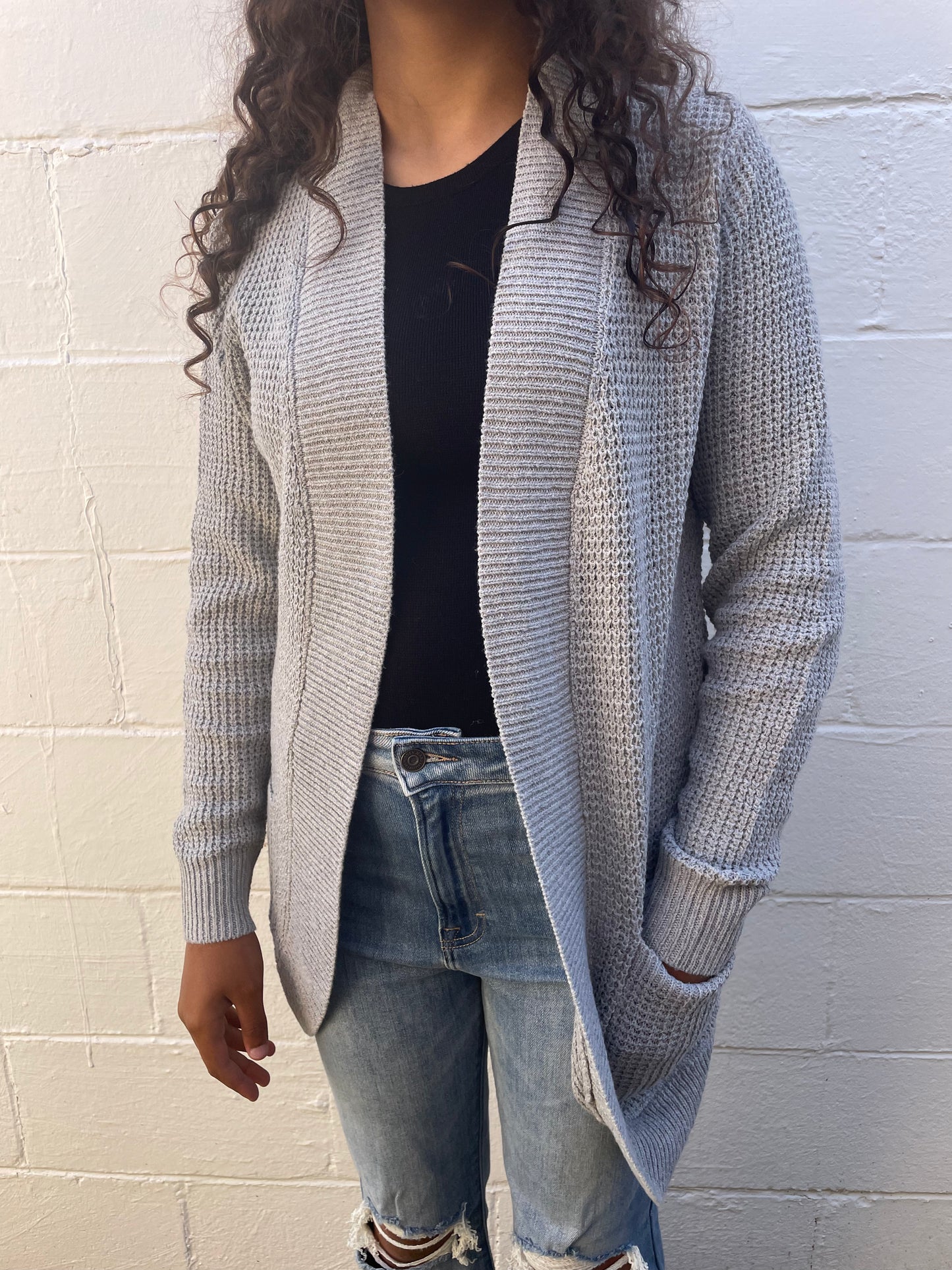 WOMENS LONG OPEN FRONT HEATHER GRAY SWEATER