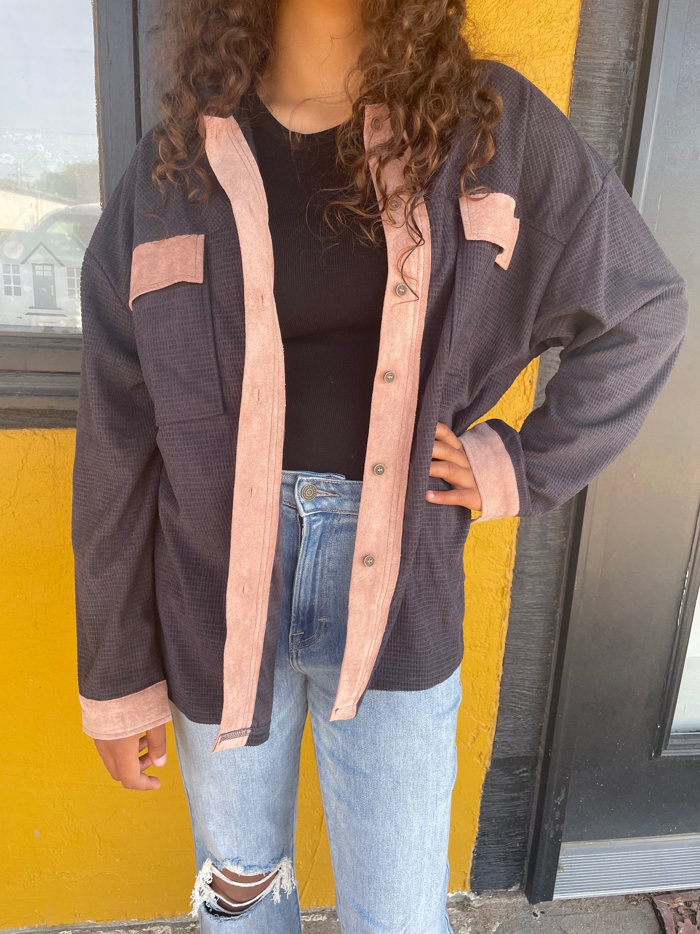 WOMENS LONG SLEEVE BLACK 2 TONED SHACKET