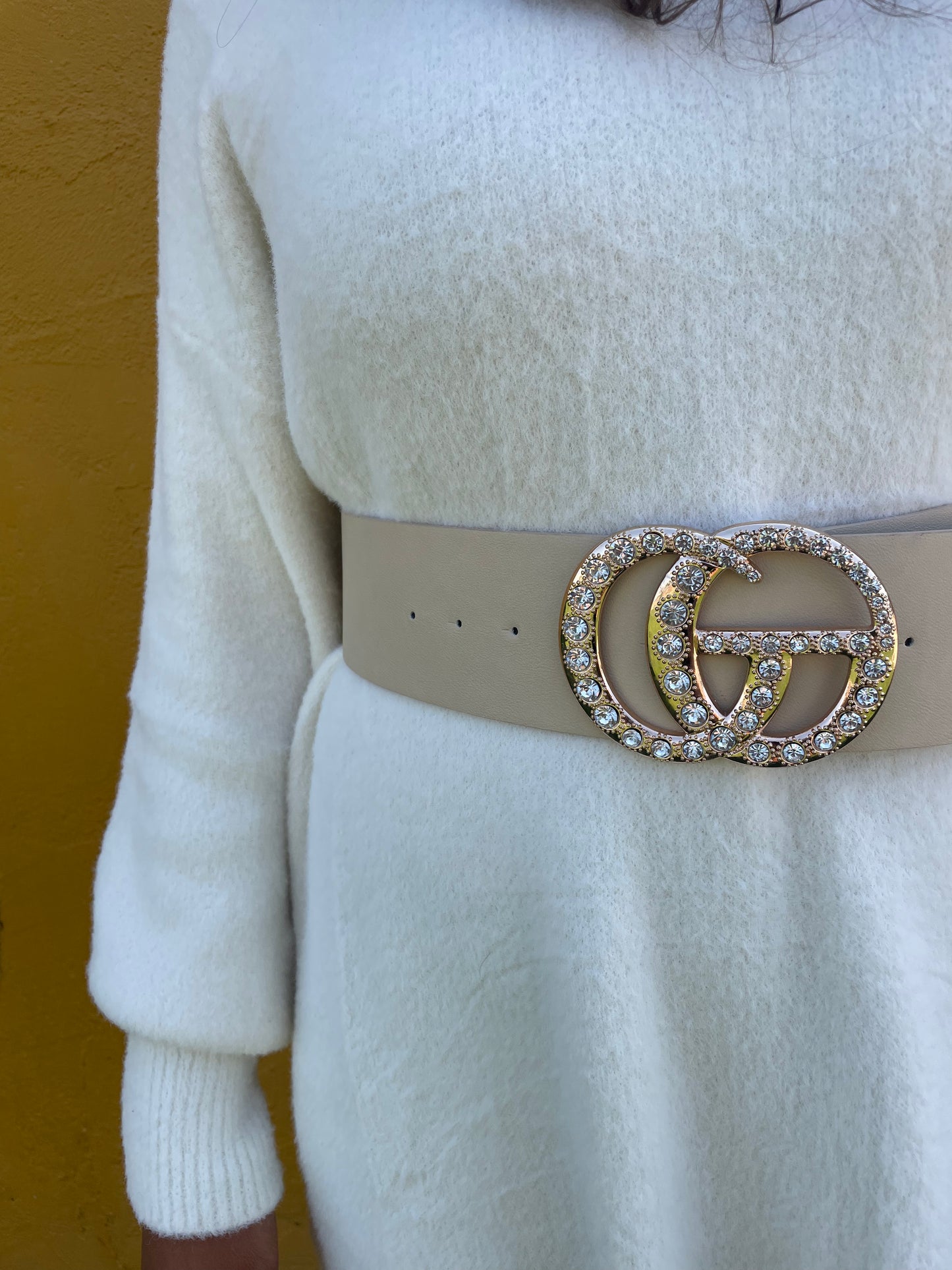 WOMENS 3" BEIGE BELT WITH BLING BUCKLE