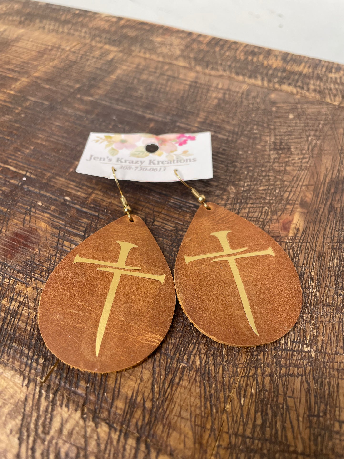 FAUX LEATHER TEAR DROP CROSS EARRINGS