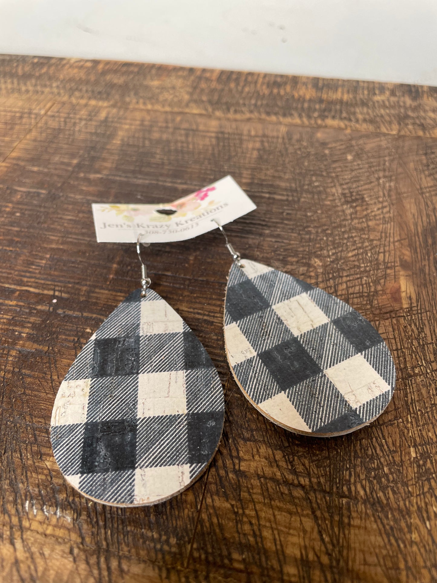NAVY AND WHITE BUFFALO PLAID FAUX LEATHER EARRING