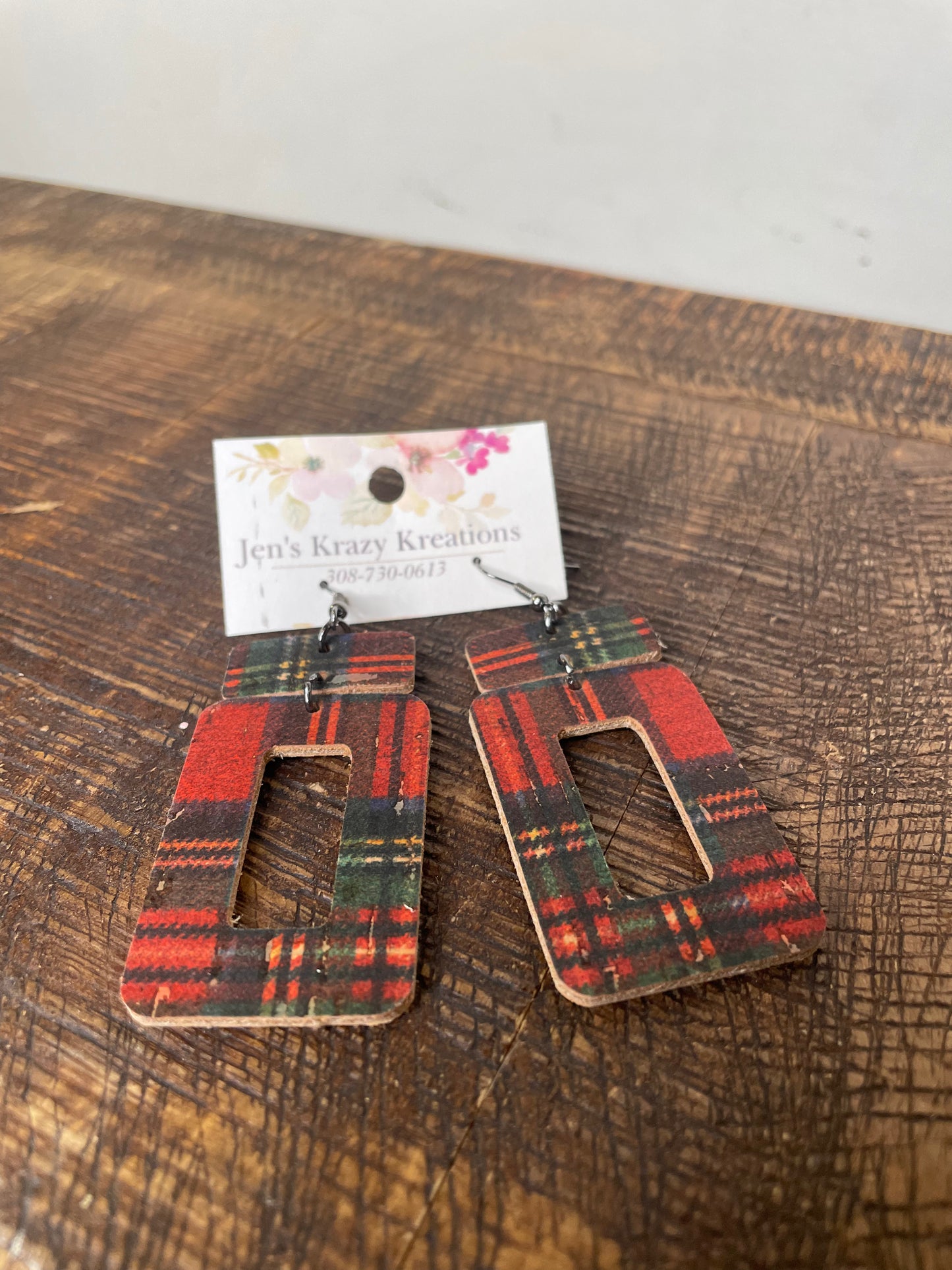 RED AND GREEN TARTAN PLAID FAUX LEATHER EARRING