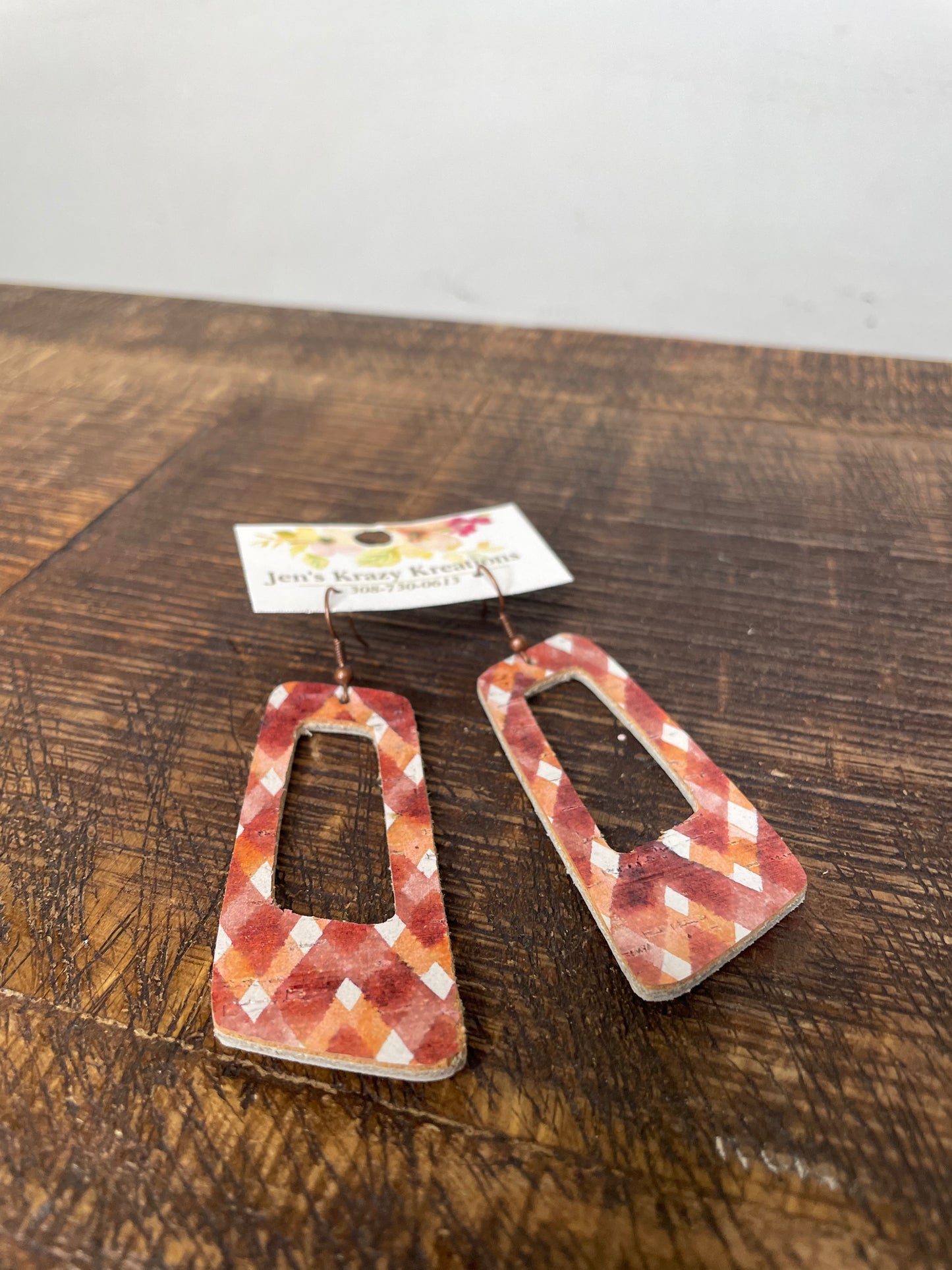 RUST PLAID GEOMETRIC FAUX LEATHER EARRINGS