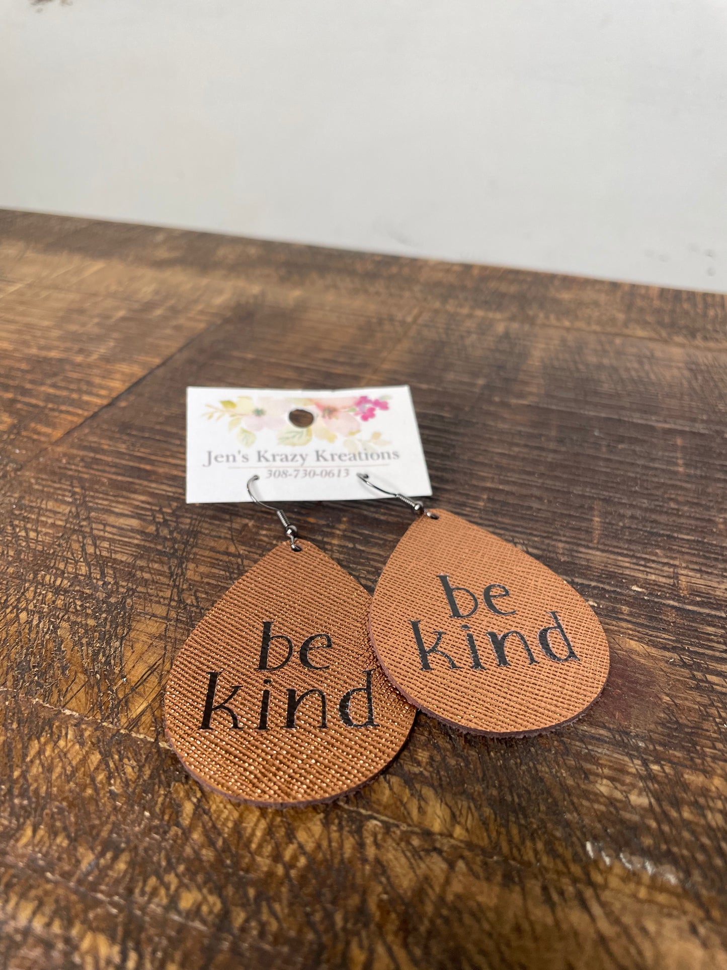 SHINY COPPER FAUX LEATHER TEARDROP BE KIND EARRINGS