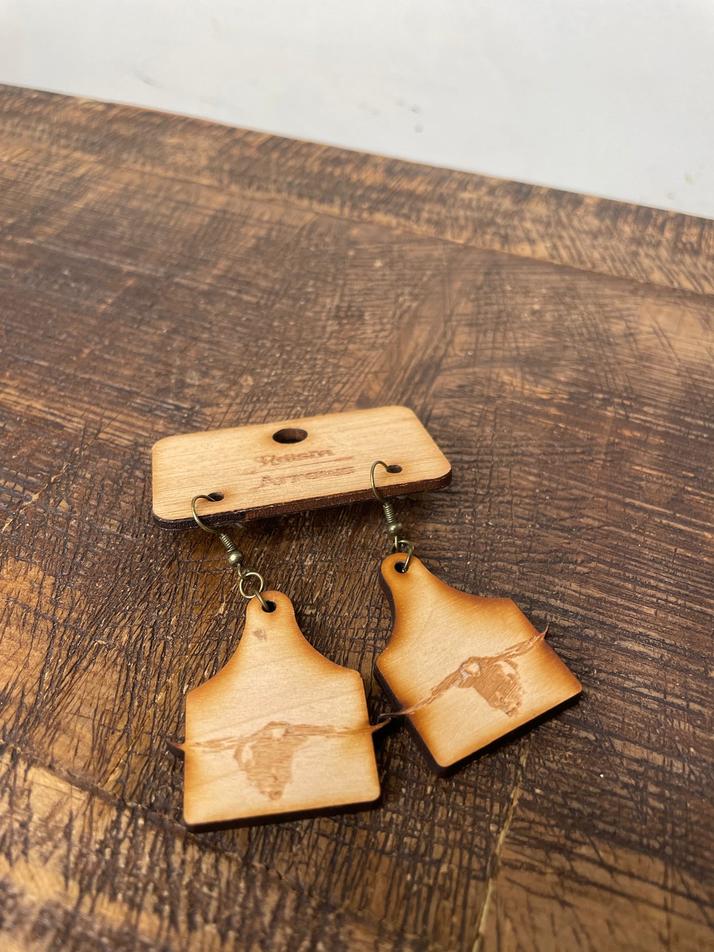 WOOD LONGHORN ENGRAVED EARTAG SHAPED EARRINGS