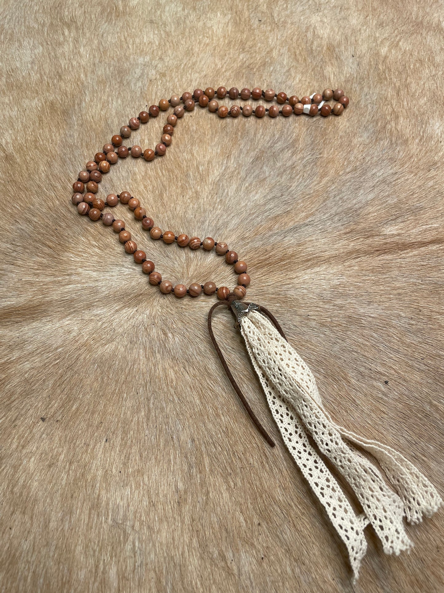 BROWN BEADED LACE TASSEL NECKLACE