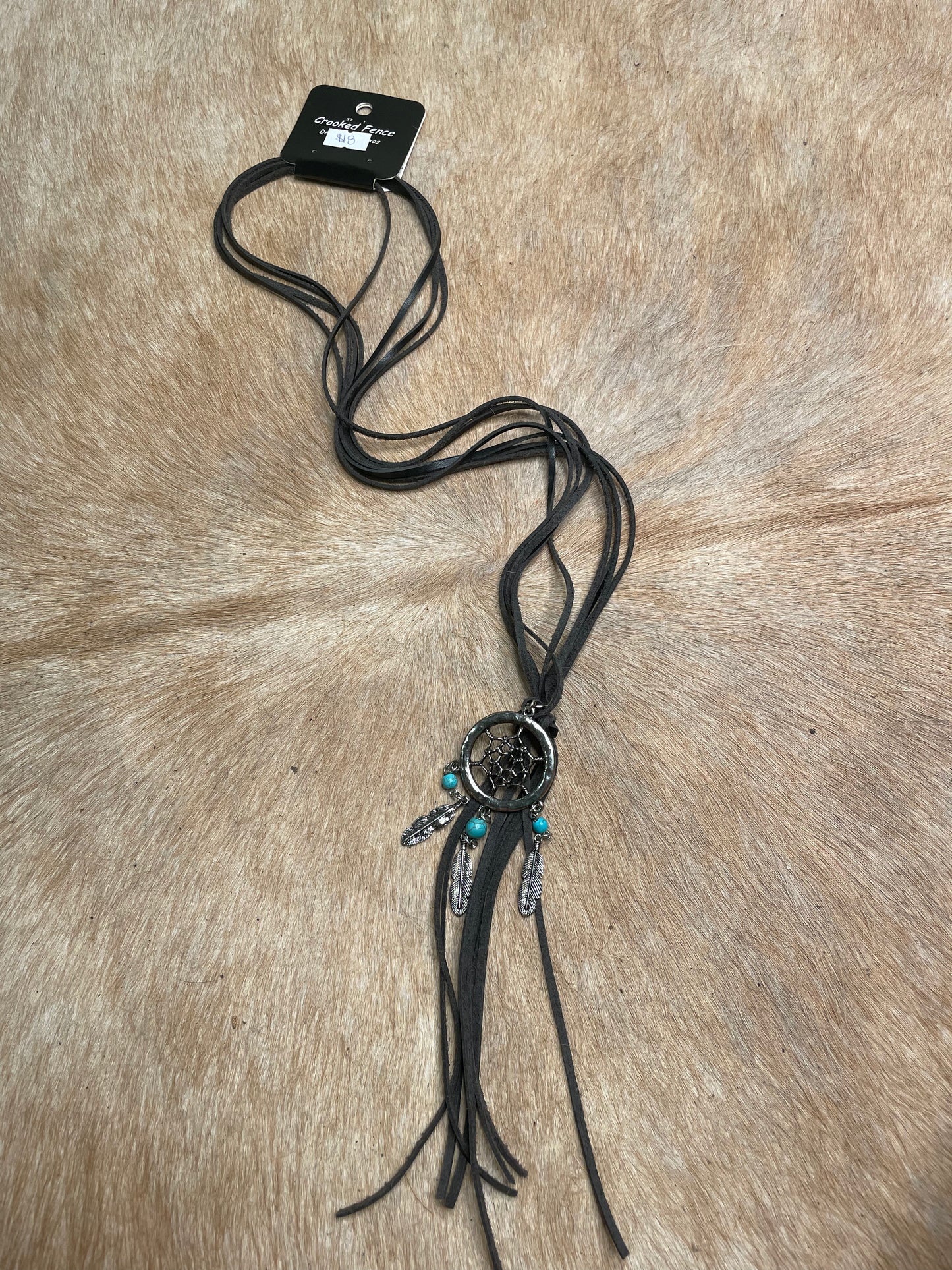 LEATHER STRIPS WITH METAL DREAM CATCHER PENDANT AND FEATHER CHARMS