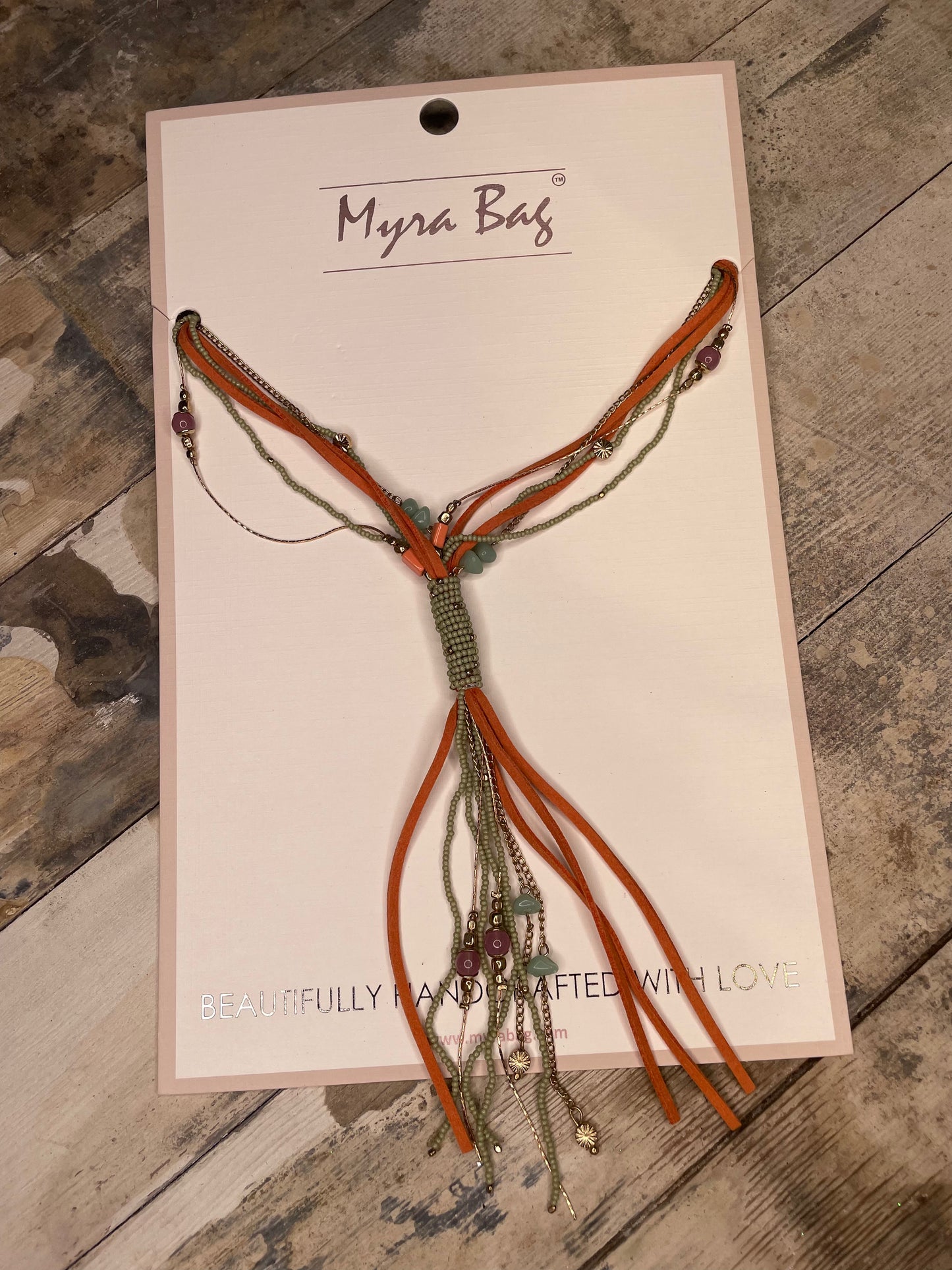 SAGE BEADED AND RUST LEATHER NECKLACE