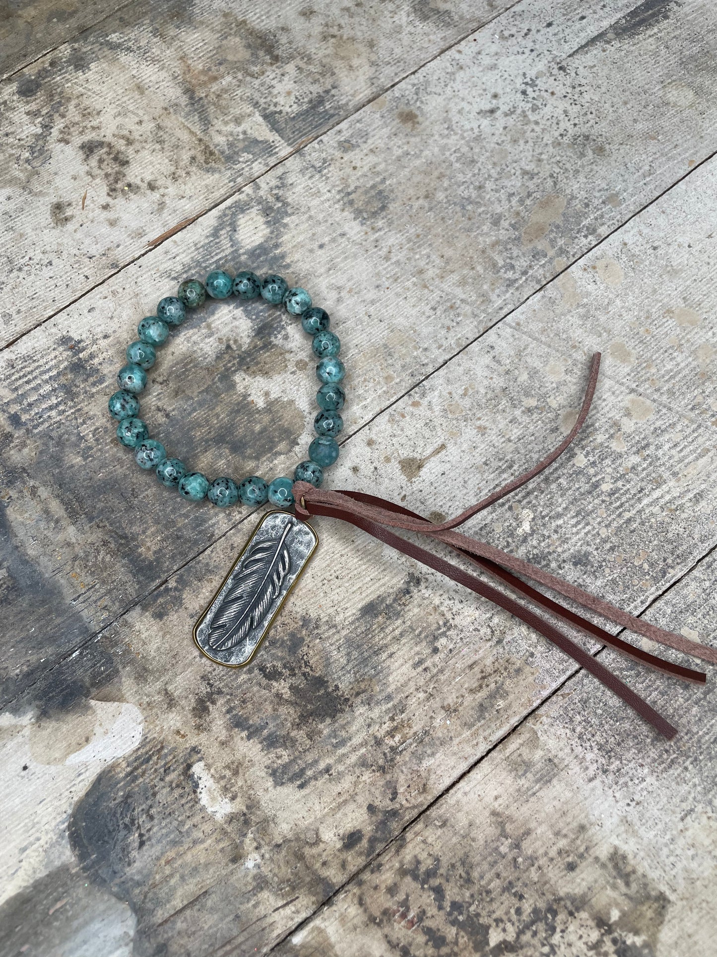 AQUA GREEN MARBLED BEADED/LEATHER TASSEL FEATHER CHARM BRACELET