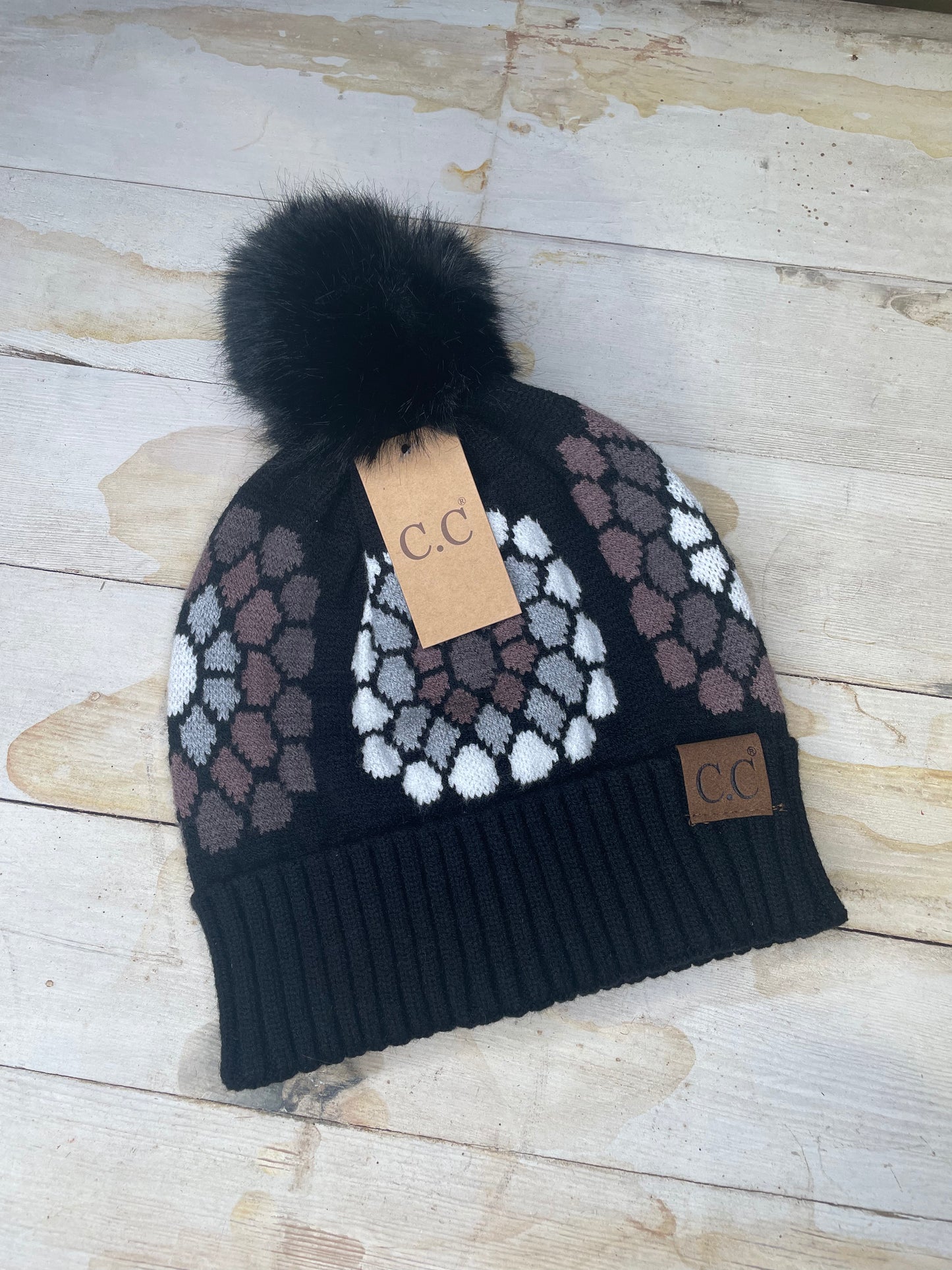 BLACK PRINT WITH FAUX FUR POM GIRLIE GIRL BEANIE