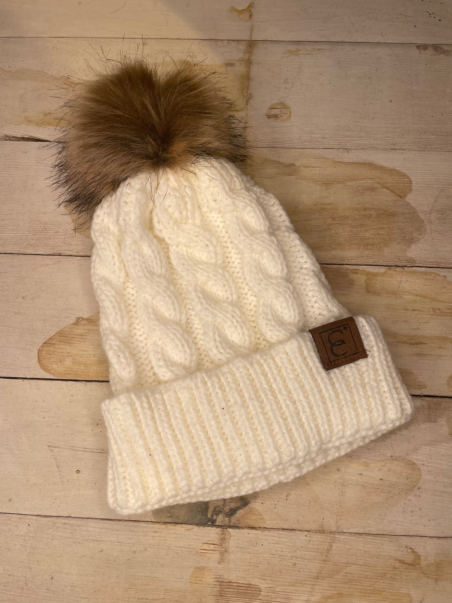 IVORY CABLE KNIT WITH BROWN POM BEANIE