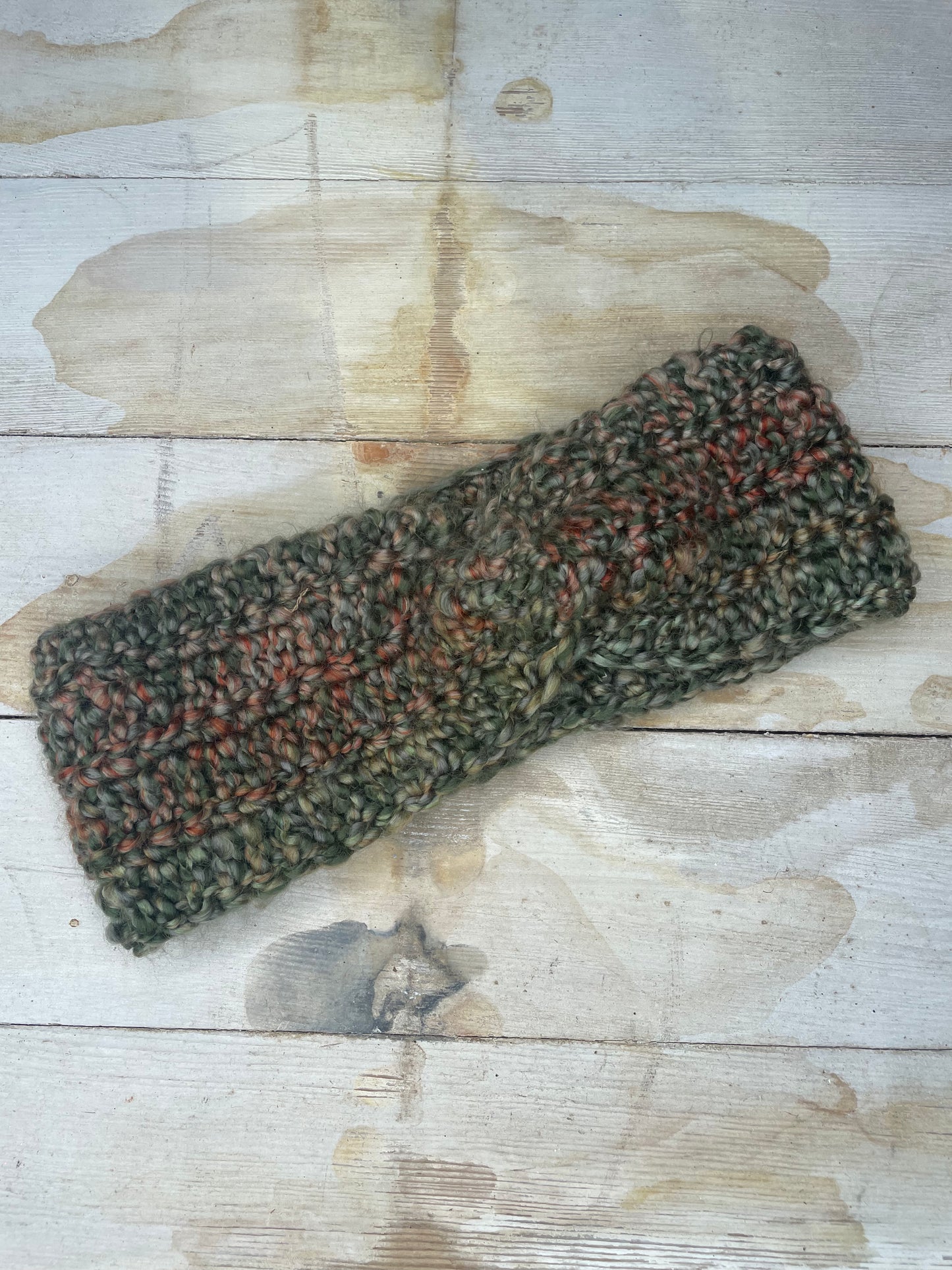 WOMENS OLIVE/RUST VARIEGATED HAND CROCHETED TWISTED FRONT HEAD BAND