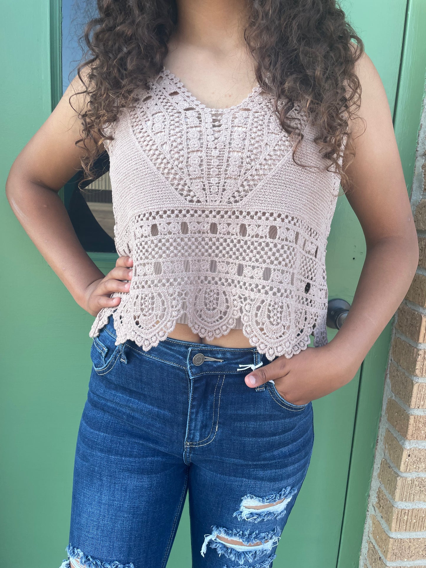 WOMENS TAUPE STRAP LACE CROP