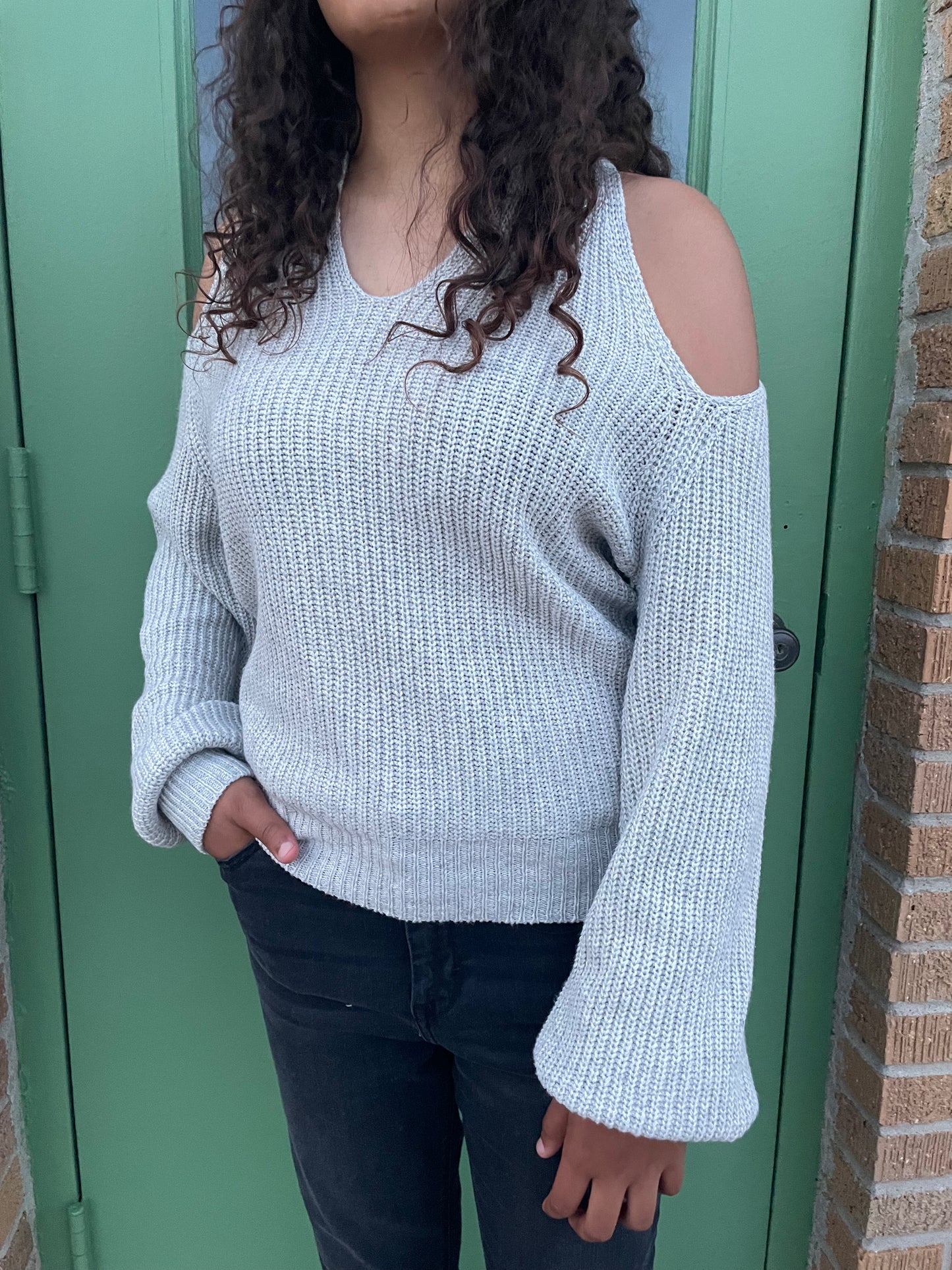 WOMENS OFF SHOULDER GRAY SWEATER TOP