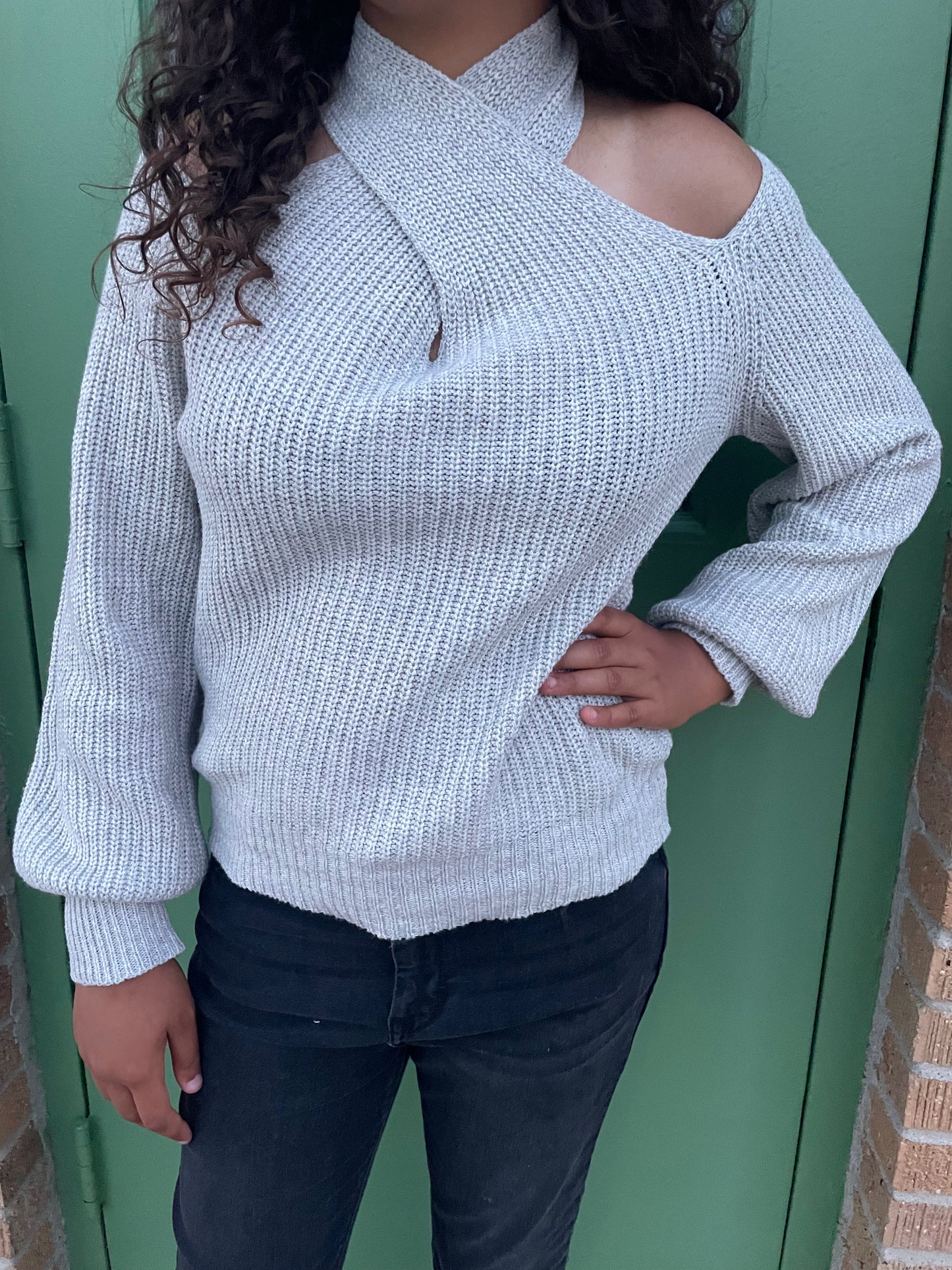 WOMENS OFF SHOULDER GRAY SWEATER TOP