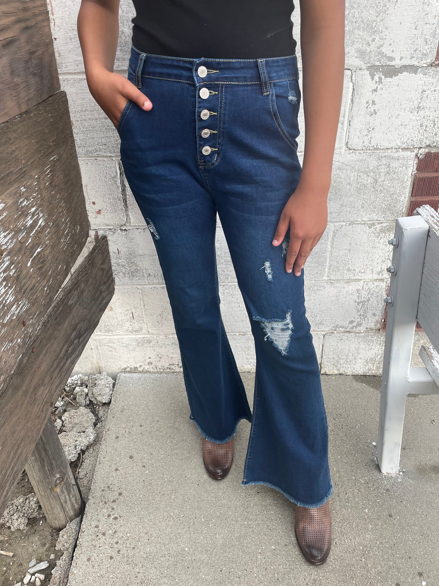 WOMENS DARK BLUE DISTRESSED DENIM JEANS