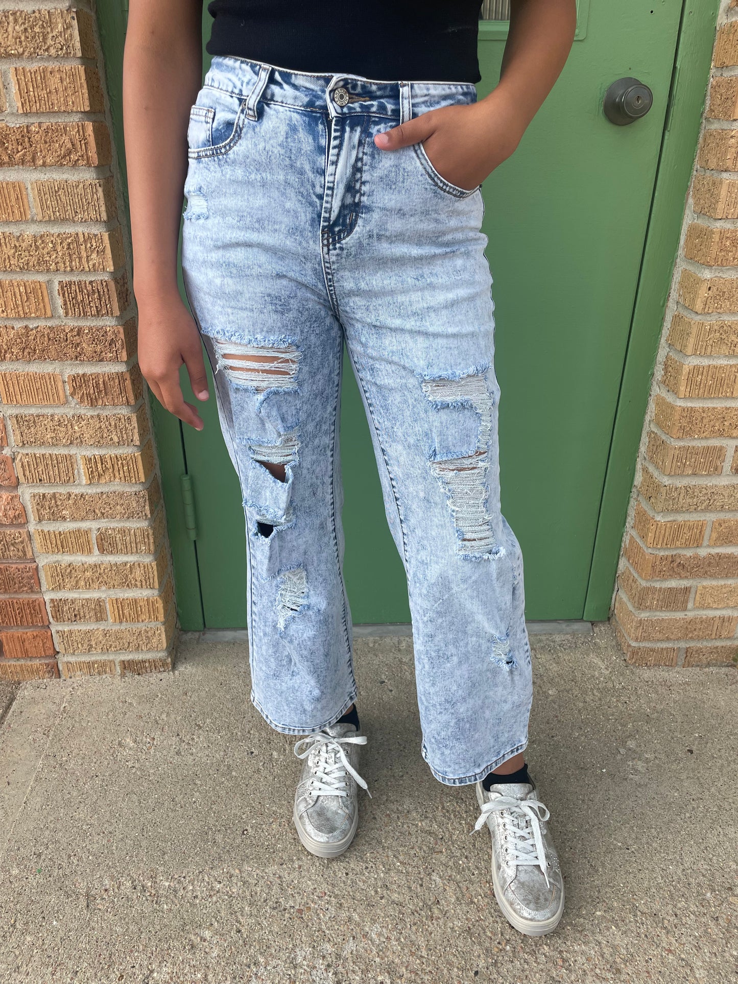 WOMENS ACID WASH DISTRESSED DENIM JEANS