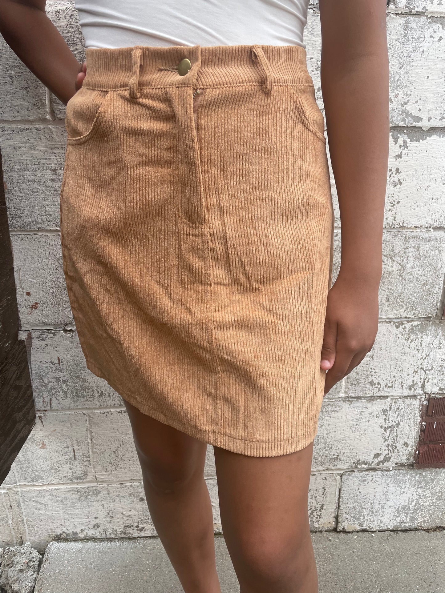 WOMENS CARAMEL CORDUROY MINI SKIRT