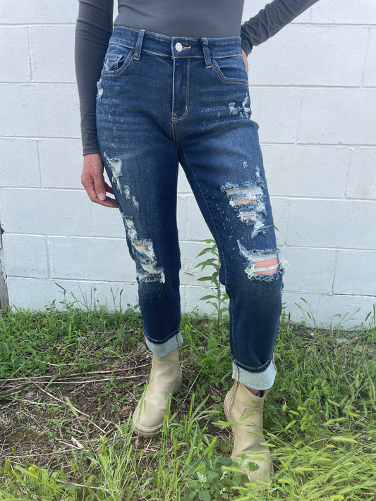 WOMENS DISTRESSED DARK BLUE MID RISE BOYFRIEND FIT JEANS