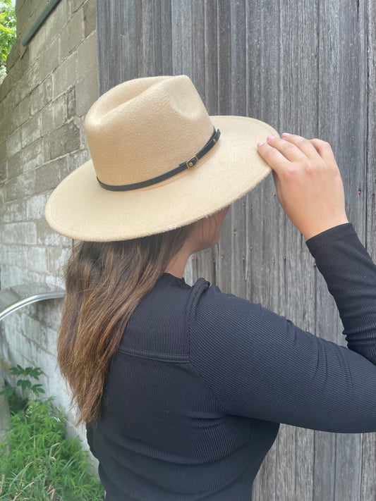 UNISEX BROWN FEDORA HAT WITH BELT BUCKLED AND STUD DECORATION