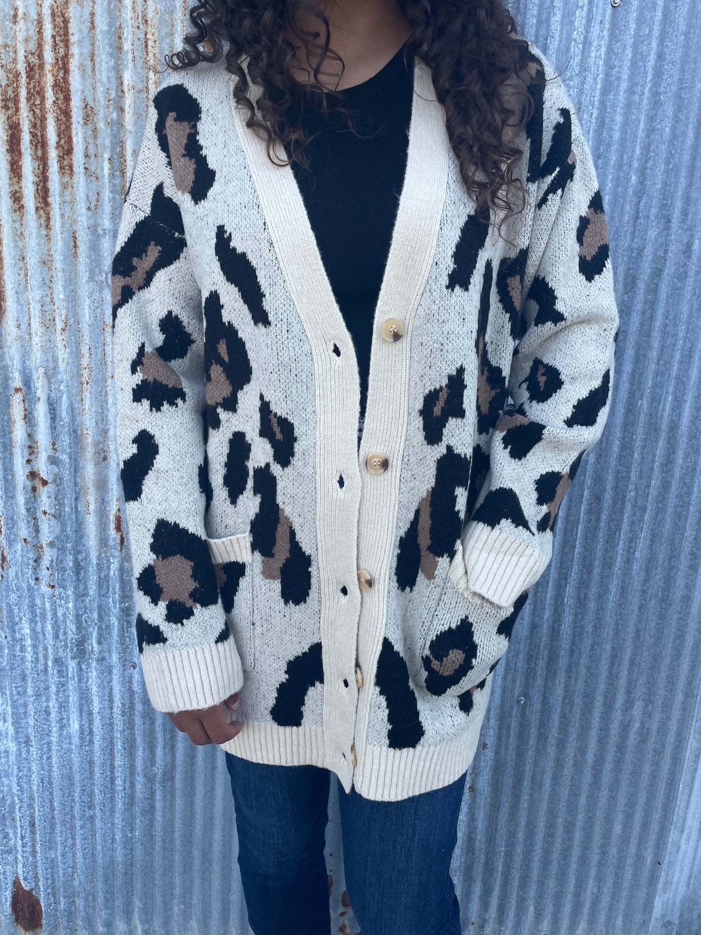 WOMENS LEOPARD PRINT BUTTON FRONT SWEATER