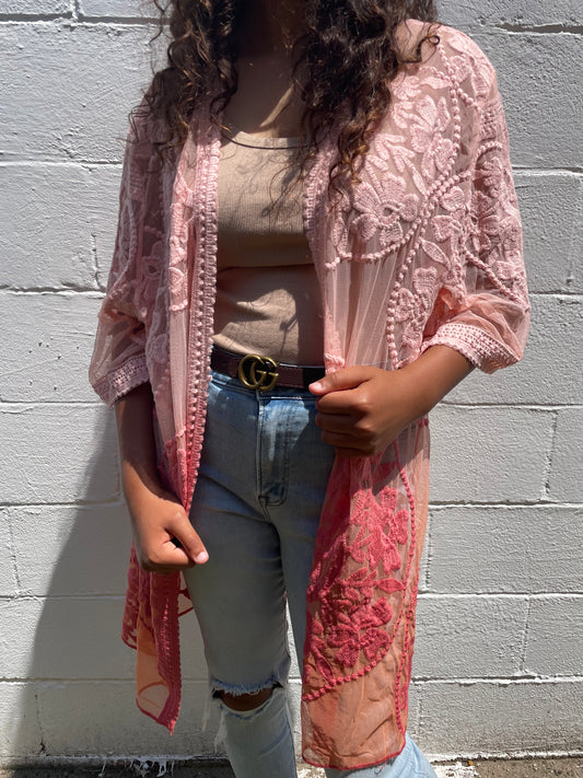 WOMENS CORAL GRADIENT LACY SHORT SLEEVE COVER UP