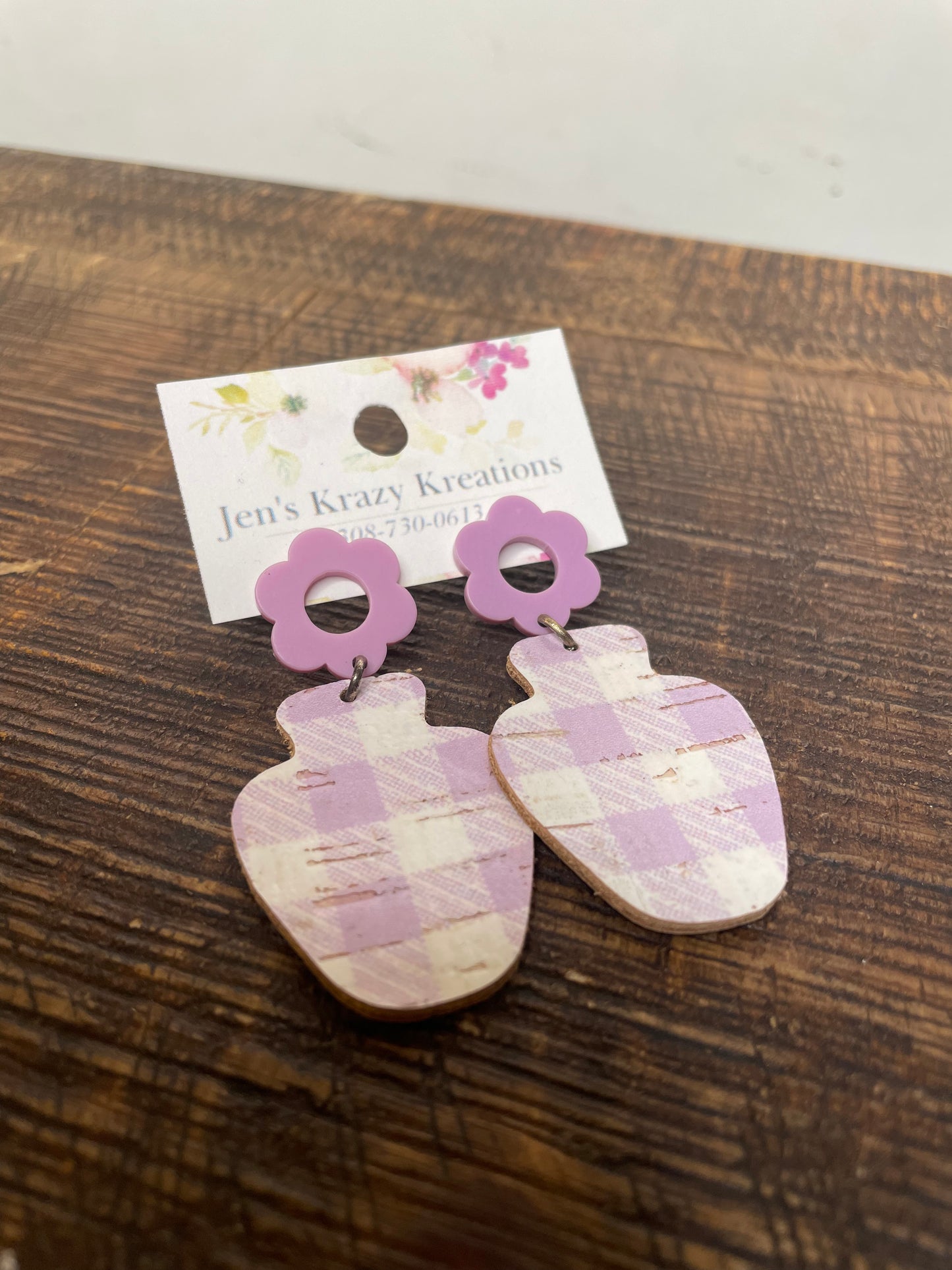 LILAC CHECKERED GEOMETRIC/FLOWER FAUX LEATHER EARRINGS