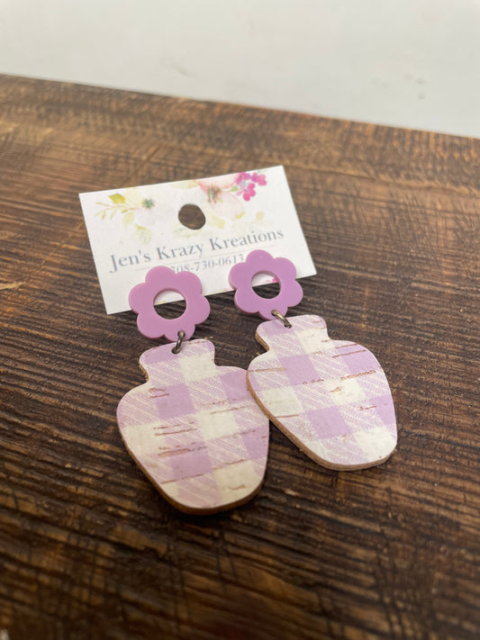 LILAC CHECKERED GEOMETRIC/FLOWER FAUX LEATHER EARRINGS