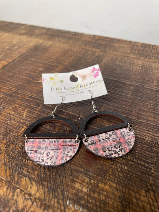 PINK AND BLACK FAUX LEATHER & WOOD EARRINGS