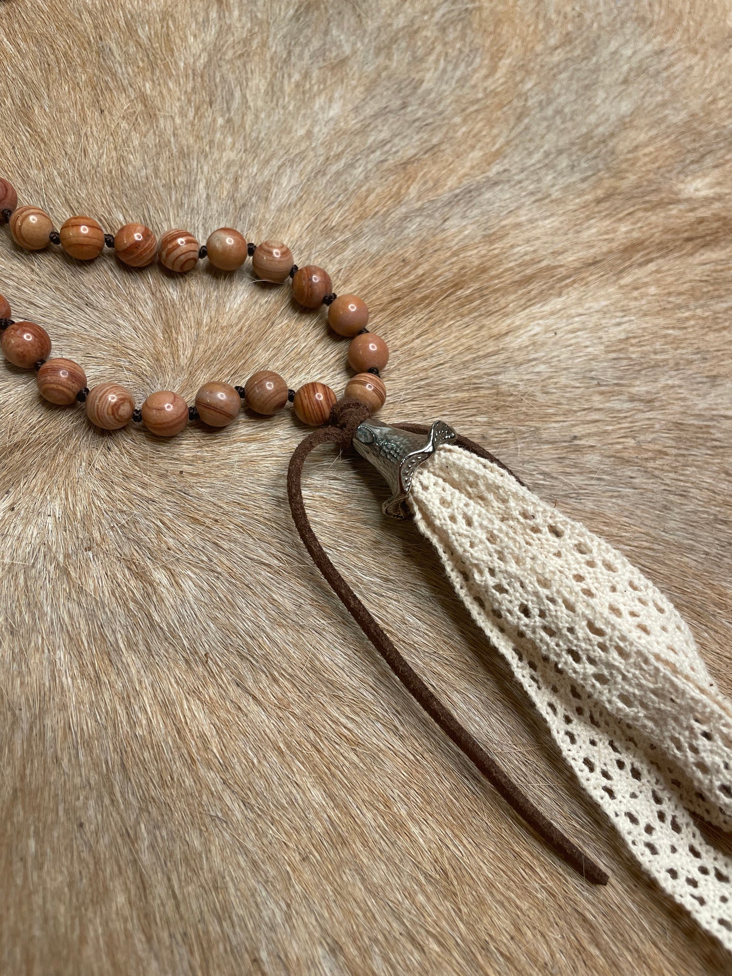 BROWN BEADED LACE TASSEL NECKLACE