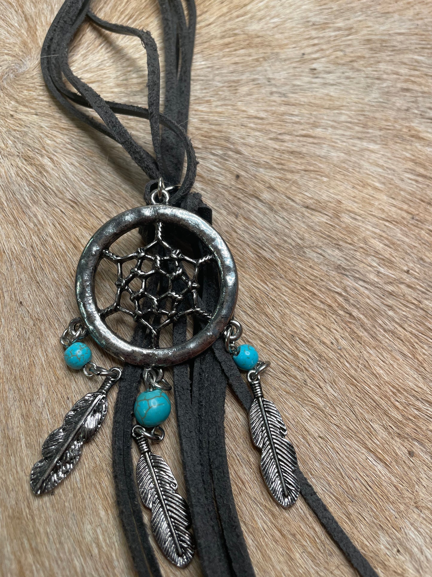 LEATHER STRIPS WITH METAL DREAM CATCHER PENDANT AND FEATHER CHARMS