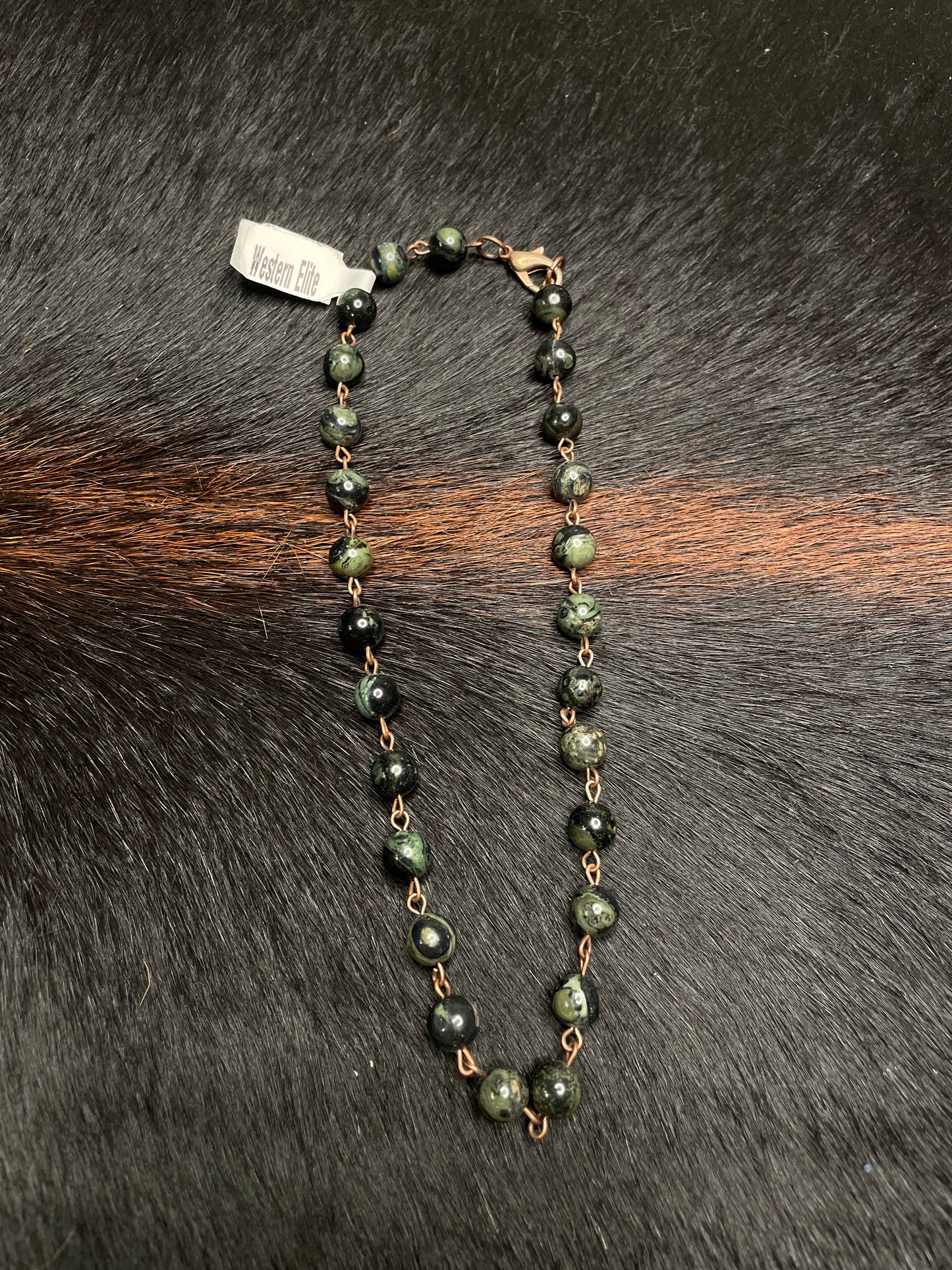DARK GREEN MARBLED GLASS BEAD NECKLACE