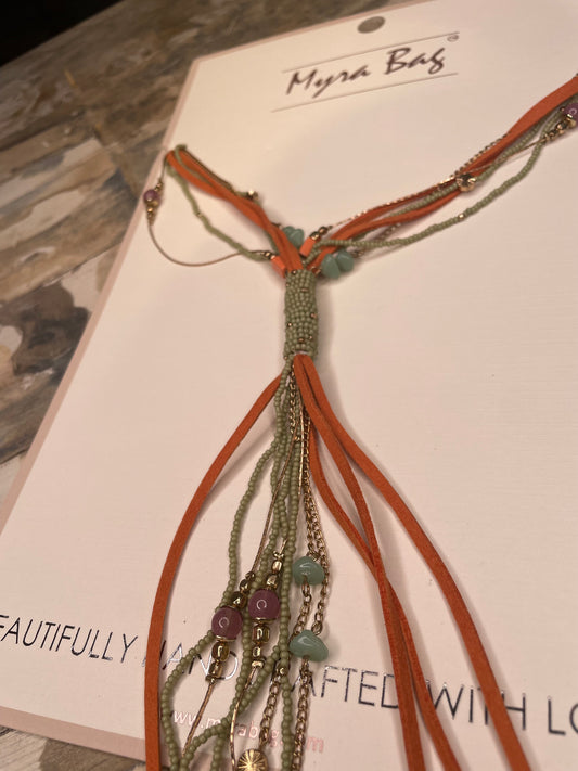 SAGE BEADED AND RUST LEATHER NECKLACE