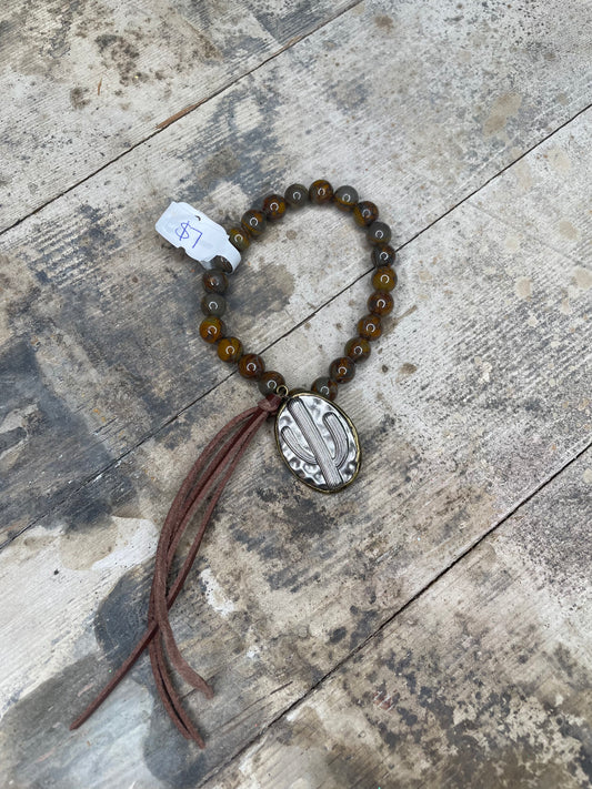 BROWN MARBLED BEADED/LEATHER TASSEL CACTUS CHARM BRACELET