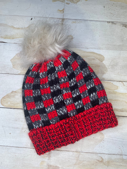 UNISEX CHILDRENS PLAID BEANIE WITH POMPOM