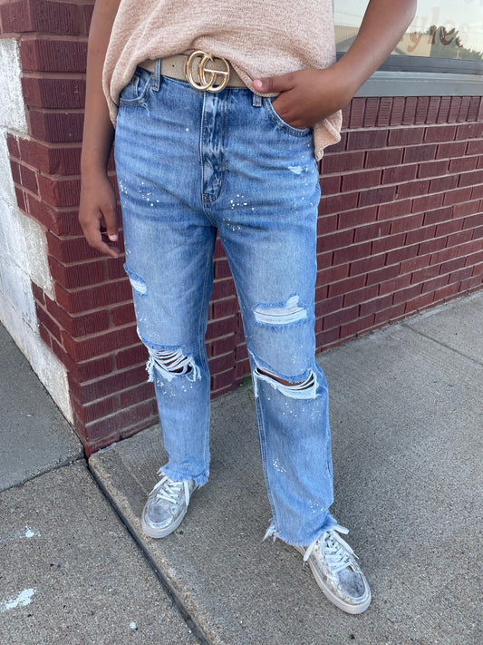 WOMENS DISTRESSED WHITE PAINT SPLATTER JEANS