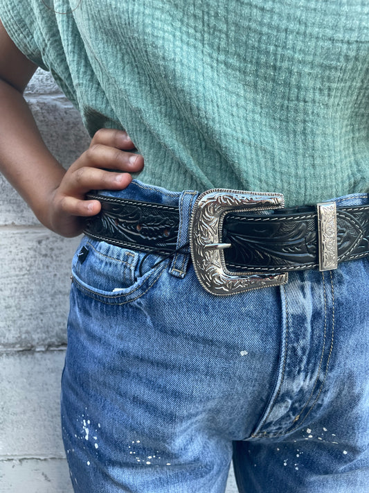 WOMENS MYRA BLACK HAND TOOLED BELT