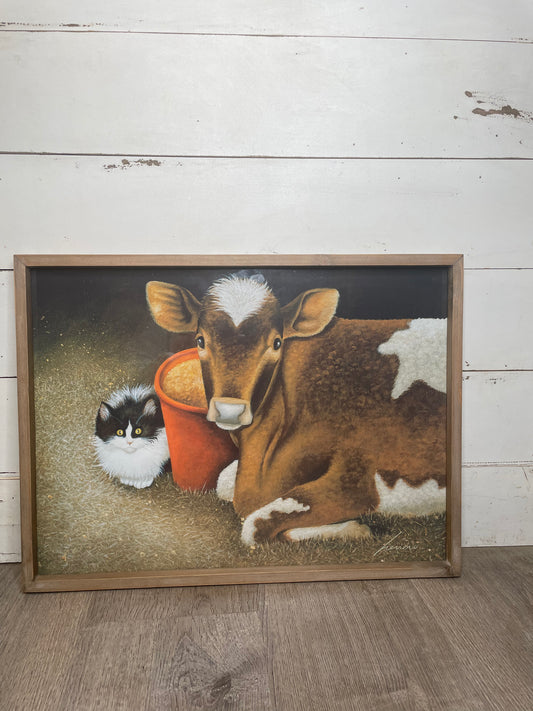 WOODEN FRAME COW AND CAT PRINT